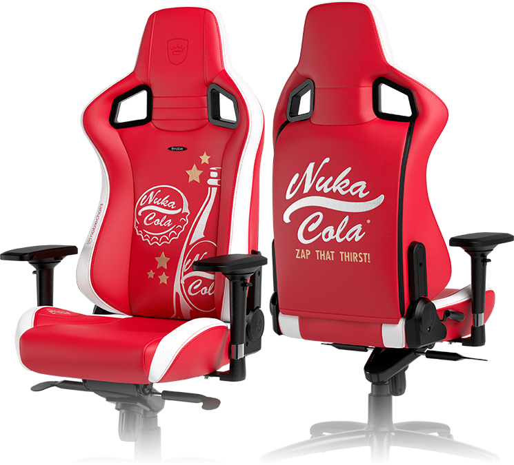 Front and back view of noblechairs EPIC gaming chair – Fallout Nuka-Cola Edition